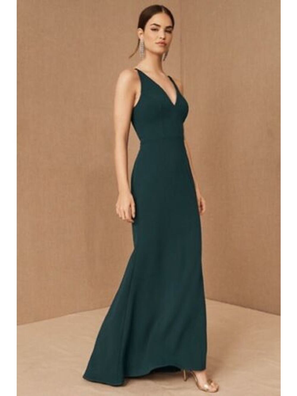 BHLDN Anthropologie Jones V Neck Crepe Bridesmaid Maxi Dress Emerald Size 8